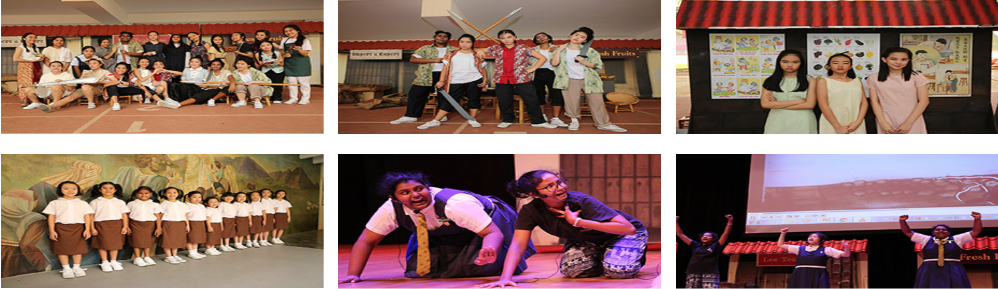 Six photos of student theatrical performances showing group poses, sword props, costumes, and stage acting scenes.